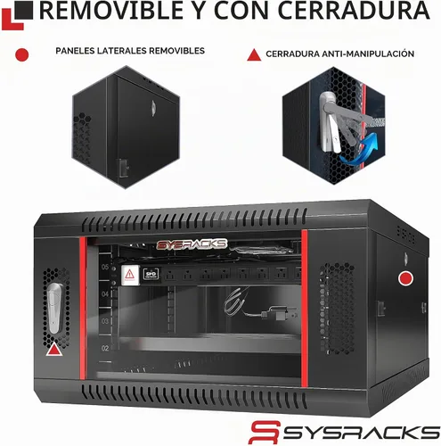 Vista 5 de Sysracks Gabinete para rack de servidor de montaje en pared 6U, rack de red de bloqueo de 19 pulgadas, 24 pulgadas de profundidad, puerta de vidrio