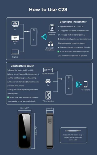 Vista 7 de Receptor transmisor Bluetooth C28, adaptador de audio auxiliar de 0.1 in