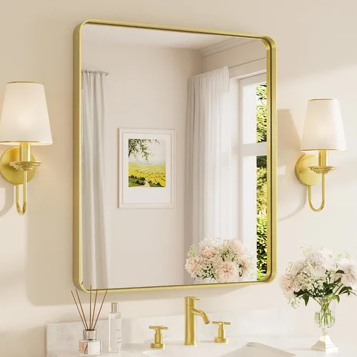 Vista 26 de Espejo de marco dorado cepillado de 16 x 24 pulgadas, espejo de tocador de baño de latón dorado para pared, espejo enmarcado rectangular de esquina