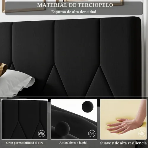 Vista 4 de Base de cama tamaño Queen, base de cama de plataforma con cabecera tapizada de terciopelo, base de colchón tapizada Queen con listones de madera