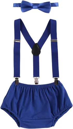 Vista 22 de Conjunto de ropa para festejar el primer cumpleaños de bebés, calzón pañalero con tirantes y corbata de moño. Beige & Blue