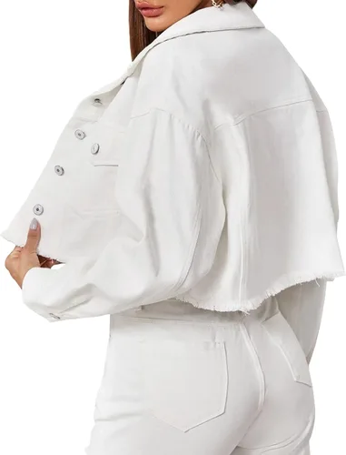 Vista 3 de LONGBIDA - Chaqueta de mezclilla para mujer, desgastada, con botones, con bolsillos.