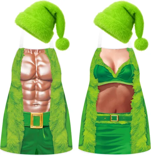 Vista 10 de 4 Piezas de Delantales de Navidad con Sombreros para Mujeres y Hombres, Delantales de Cocina Ajustables Divertidos para Cocinar para BBQ y Fiesta