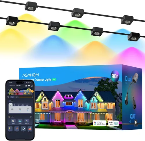 Vista 11 de ASAHOM Luces permanentes para exteriores Pro S108B, 100 pies con 72 luces LED RGBCW, WLED integrado, 70lm blanco, efecto dinámico 30000, iluminación