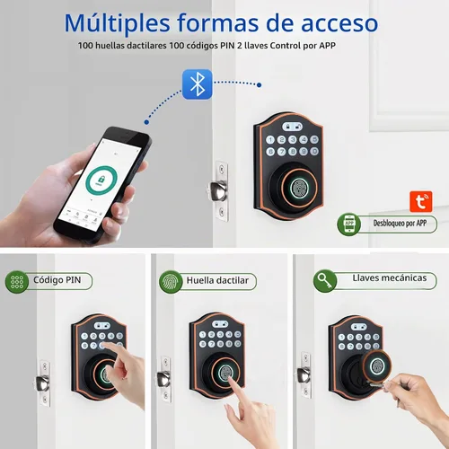 Vista 2 de Cerradura inteligente de puerta de huellas dactilares, cerrojo de entrada sin llave con teclado electrónico, control de aplicación Bluetooth