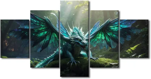Vista 61 de Lienzo decorativo para pared de sala de estar, lienzo de dragón, 5 paneles, dragón verde, decoración de pared para el hogar, decoración de pared