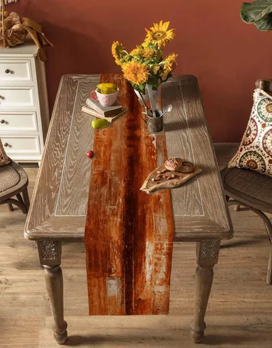 Vista 5 de Camino de mesa naranja quemado, 120 pulgadas de largo, pinturas modernas al óleo, camino de mesa abstracto para cocina, comedor, bufandas, obra