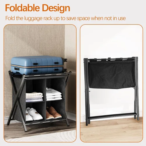 Vista 7 de Huhote Portaequipajes para habitación de invitados, soporte plegable para maleta con estante de almacenamiento de tela, soporte para equipaje