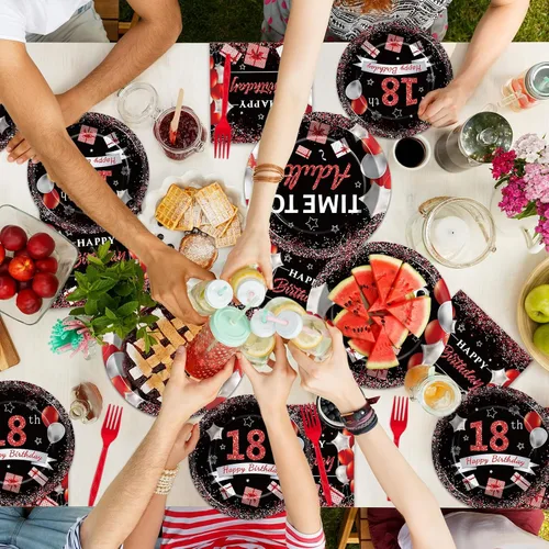Vista 5 de gisgfim 96 piezas de suministros para fiesta de cumpleaños de 18 años, platos de papel, servilletas, hora de ser adulto, rojo y negro, juego