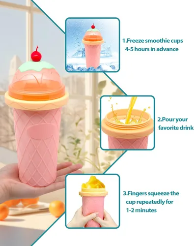 Vista 4 de Taza de Granizado, Tazas de Licúado con Tapas y Popotes, Taza de Granizado para Jugos, Leche y Helado, Fabricante de Granizado Portátil Mágico
