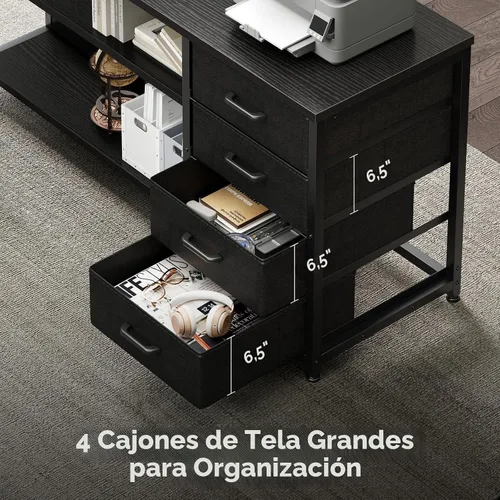 Vista 5 de AODK - Escritorio en forma de L de 61" con cajón, escritorio para computadora con tomas de corriente y luces LED, escritorio de esquina reversible