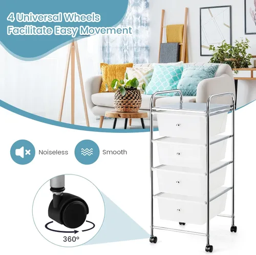 Vista 5 de COSTWAY Carrito de almacenamiento rodante con 4 cajones, carrito de almacenamiento de plástico y organizador con 4 cajones extraíbles, carrito