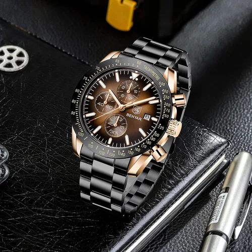 Vista 4 de BENYAR Reloj analógico de cuarzo cronógrafo impermeable luminoso de diseñador para hombre, reloj de pulsera para hombre, para negocios, trabajo