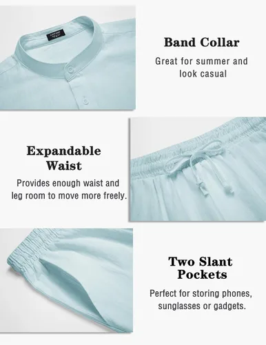 Vista 5 de COOFANDY Conjuntos de lino para hombre, 2 piezas, camisa de manga larga y pantalones cortos casuales con cordón en la cintura, trajes de verano