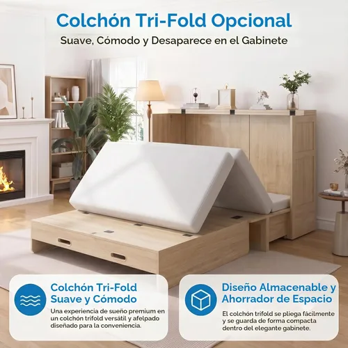 Vista 7 de Mjkone Murphy - Cama de gabinete con colchón plegable de tres piezas Madera natural