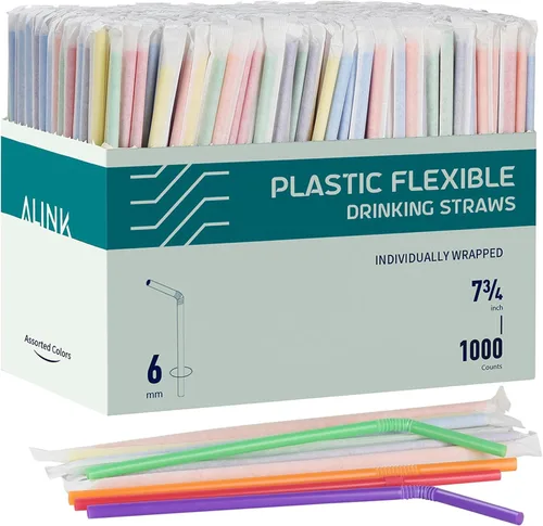 Vista 9 de ALINK Paquete de 100 pajitas flexibles de colores sólidos, pajitas flexibles desechables de plástico, 7.75 x 0.23 pulgadas