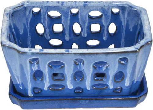 Vista 3 de W&W Orchid Pot with Holes and Saucer for Repotting, White and Blue, 9.7 Inch Blanco y azul 9.7