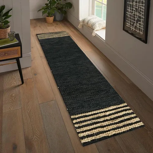 Vista 7 de GRUHUM - Alfombra de yute de cuero negro de 2 pies 6 pulgadas x 10 pies, trenzado a mano natural Leather Cotton & Jute Boho Vintage Rustic Pet Kid