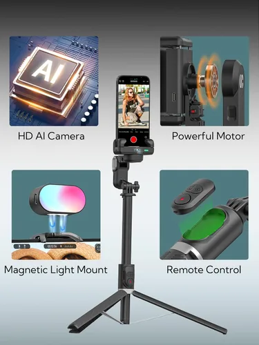 Vista 6 de AOCHUAN Trípode de seguimiento facial automático con rotación de 360 grados con luz RGB, cardán de teléfono de un solo eje para iPhone Android