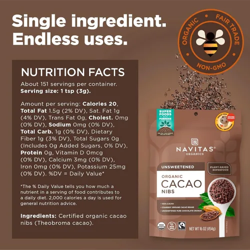 Vista 3 de Navitas Organics Cacao Nibs – Crujido de Chocolate Negro Sin Azúcar – Antioxidantes, Minerales, Fibra – Para Mezcla de Frutos Secos, Horneado y Más