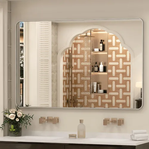 Vista 49 de Espejo rectangular para pared de baño de 20x30 pulgadas con marco negro mate, espejo de tocador con esquinas redondeadas, espejo de baño de metal