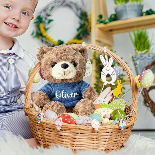 Vista 3 de OELTTG Oso de peluche personalizado con nombre, animal de peluche con nombre personalizado, relleno de cesta de Pascua para bebé, regalos