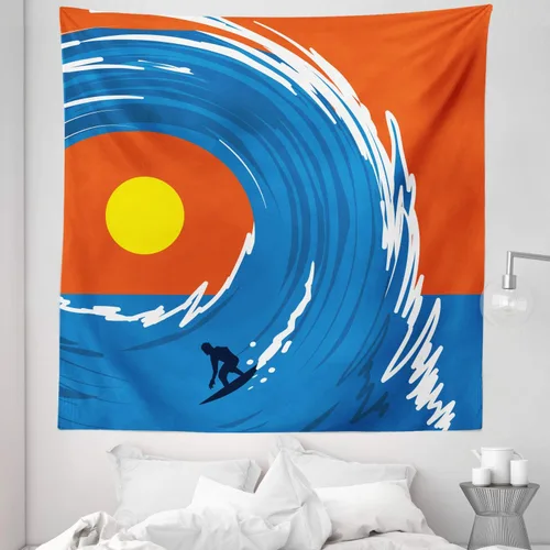 Vista 6 de Ambesonne Tapiz Ride the Wave de hombre surfing en olas gigantes del océano retro, póster deportivo, decoración de tela para colgar en la pared