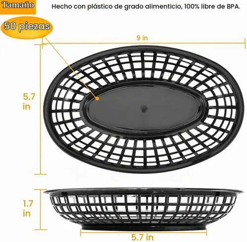 Vista 2 de Paquete de 50 cestas de plástico negro para alimentos de 9 x 5.7 pulgadas, ovaladas para freír comida rápida, cestas de plástico para perros