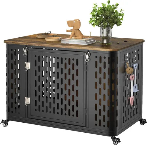 Vista 9 de ONBRILL Mueble resistente para perros grandes y medianos, jaula grande para perros con tapa abatible, cojín y ruedas, jaula para mascotas a prueba