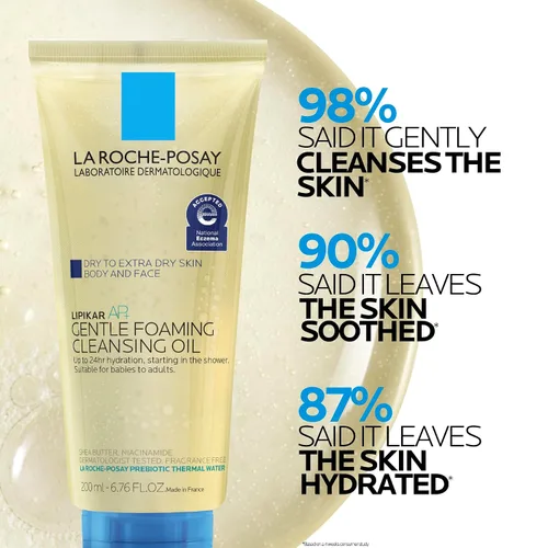 Vista 4 de La Roche-Posay Lipikar AP+ Aceite limpiador suave espumoso, limpiador suave para rostro y cuerpo formulado con niacinamida, hidratación de larga