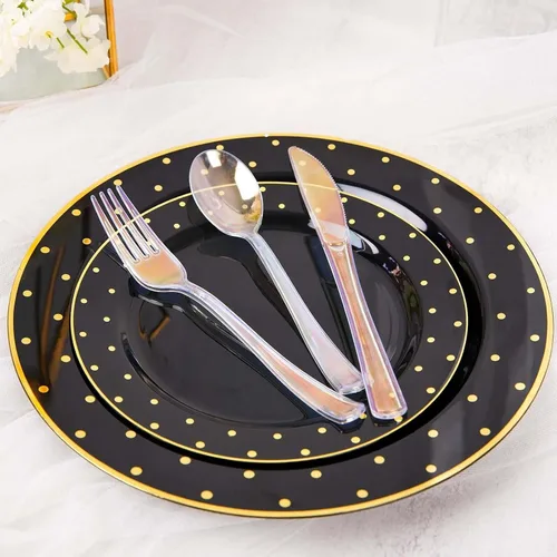 Vista 10 de Efavormart - Juego de 24 cubiertos de plástico transparente negro resistente con mango de punta acampanada, cuchara de tenedor desechable