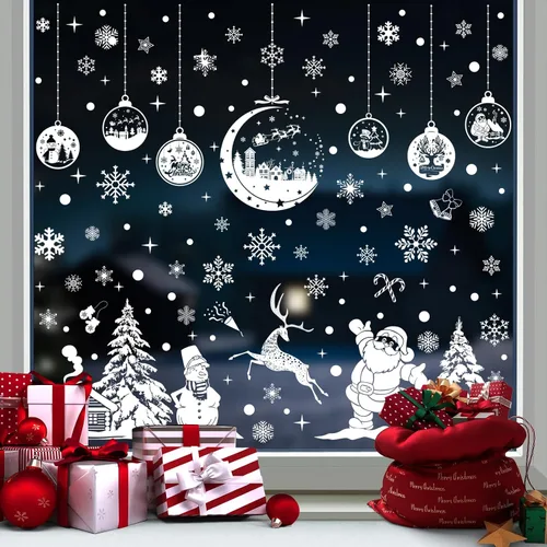 Vista 2 de Calcomanías navideñas para ventana, 9 hojas, 262 unidades, reutilizables, de doble cara, estampadas, autoadhesivas, para fiestas de invierno