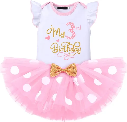 Vista 17 de IMEKIS Conjunto de mameluco para bebé niña de primer y tercer cumpleaños + falda tutú de lunares + diadema para niños pequeños sesión de fotos