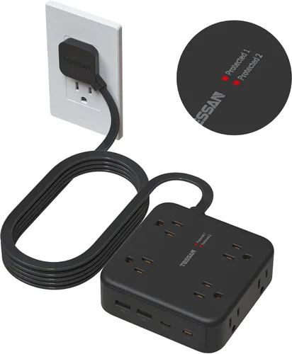 Vista 9 de TESSAN Regleta de alimentación con doble protector de sobretensiones, cable de extensión de 5 pies, enchufe de pared plana con 4 USB (2 USB C) 8