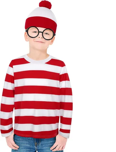 Vista 5 de URATOT Conjunto de disfraz de Halloween para niños, camiseta a rayas rojas y blancas, gorro, gafas de nerd