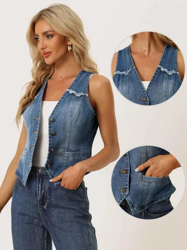 Vista 2 de Allegra K Chaleco de mezclilla para mujer, sin mangas, con cuello en V, lavado y desgastado