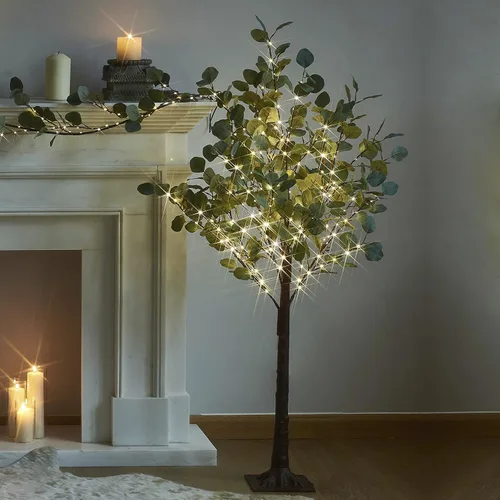 Vista 8 de Fudios Árboles iluminados para interiores de 4 pies con 160 luces LED de eucalipto artificial con luces para exteriores, planta falsa