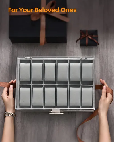Vista 2 de Hzuaneri Caja de reloj, regalos de Navidad, caja de reloj de 12 ranuras con tapa acrílica grande, almohadas de reloj extraíbles, organizador de caja