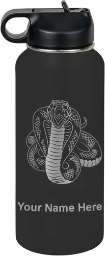 Vista 75 de LaserGram Botella de agua personalizada, serpiente de cobra, acero inoxidable de doble pared aislada al vacío con popote superior, regalo grabado