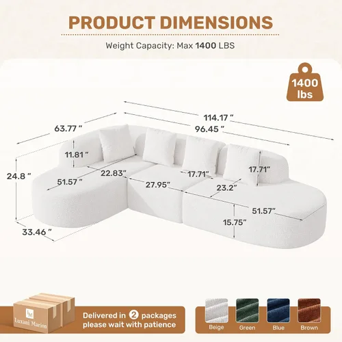 Vista 2 de Sofá modular modular de 114 pulgadas para sala de estar, moderno sofá modular con diván, sofá seccional en forma de L, no requiere montaje, beige