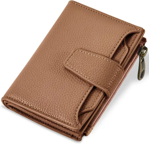 Vista 31 de Airkit Cartera para mujer, pequeña cartera de cuero para mujer, plegable, compacta, con bloqueo RFID, tarjetero de crédito, mini bolso de viaje