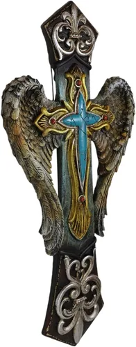 Vista 4 de Ebros Gift Rústico Southwest Fleur De Lis Silver Scroll Angel Wings Turquesa Piedra Cruz Decoración Placa de 14 pulgadas de alto Cristiano