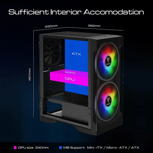 Vista 13 de GAMDIAS ATX Mid Tower - Carcasa para computadora de videojuegos para computadoras de escritorio y PC, 2 ventiladores ARGB LED de 7.874 in
