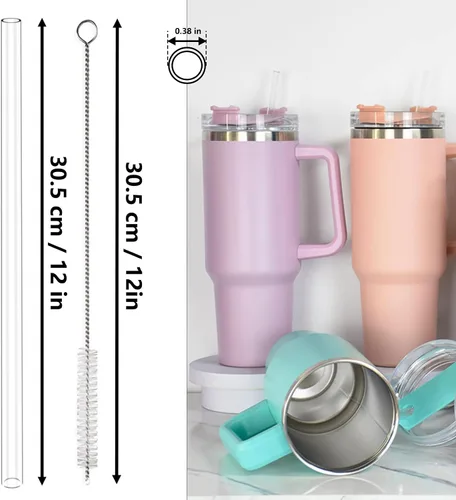 Vista 2 de Pajitas de repuesto para vaso Stanley 20, 30, 40 onzas, popotes transparentes reutilizables de 12 pulgadas con cepillo de limpieza largo para vaso