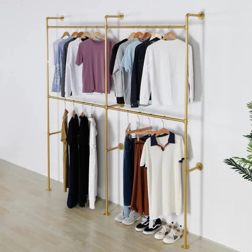 Vista 9 de Perchero industrial para ropa de tubería resistente, doble barra de armario, barras de ropa para colgar ropa, montaje en la pared, sistema