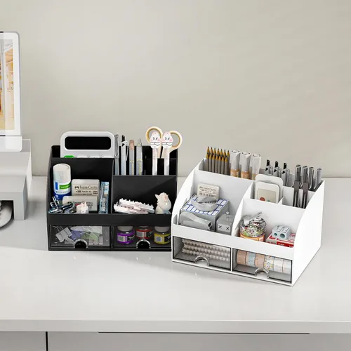 Vista 5 de Organizador de escritorio con 6 compartimentos y 2 cajones, organizador de maquillaje de plástico, soporte para bolígrafos para almacenamiento