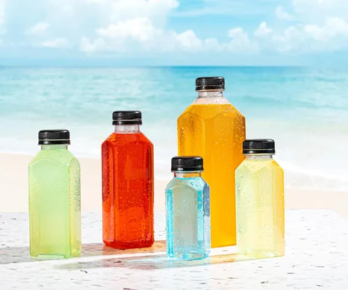 Vista 5 de Botellas de plástico Hammont con tapas - Botellas transparentes de PET para café helado y jugo, paquete de 24 - Botella reutilizable para jugos