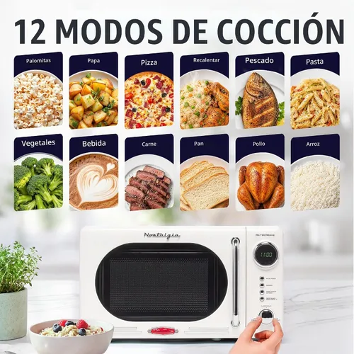 Vista 4 de Nostalgia Horno microondas compacto retro para encimera, 0.7 pies cúbicos, 700 vatios con pantalla digital LED, bloqueo para niños, interior fácil