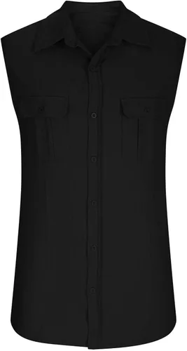 Vista 3 de Camisas sin mangas con botones para hombre, algodón y lino, para verano, playa, básica, casual, color liso, con bolsillos