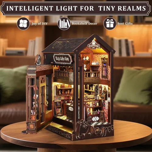Vista 2 de SUNNINO Kit de Rincón de Libros - Kit de Casa de Muñecas en Miniatura DIY, Rompecabezas de Madera 3D con Luces LED, Kits de Rincón de Libros